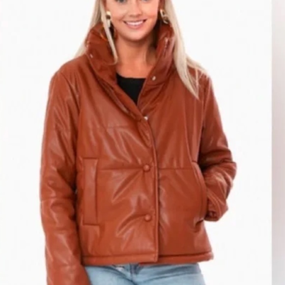 Tuckernuck Pomander Place Cognac Leather Bomber Puffer Jacket Size XS - Picture 1 of 4